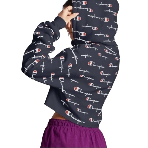CHAMPION Reverse Weave Cropped Hoodie L/S Logo Spellout in Navy Size Sma… - Picture 2 of 9